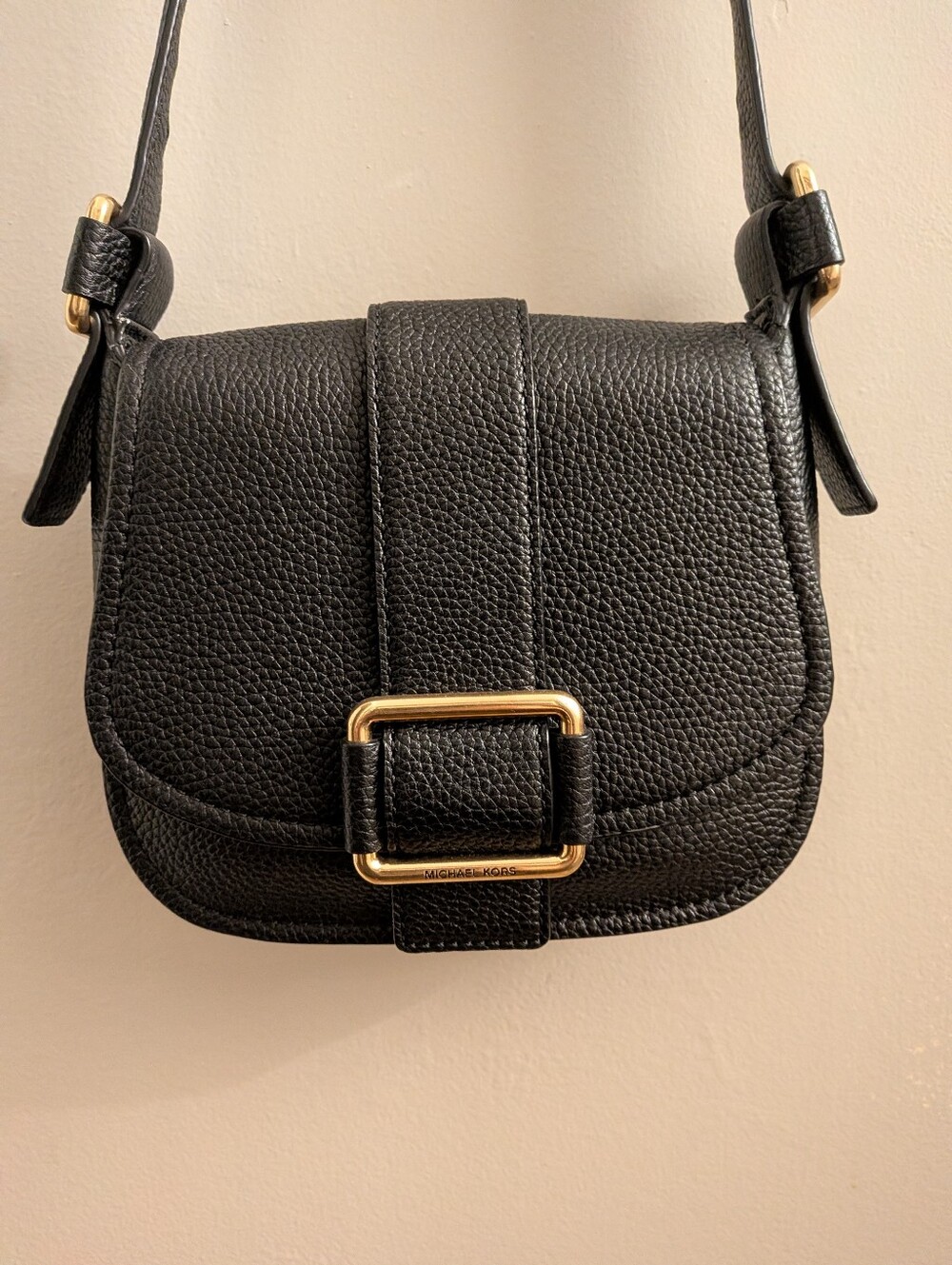 Michael Kors Black Pebbled Leather Buckle Saddle Bag